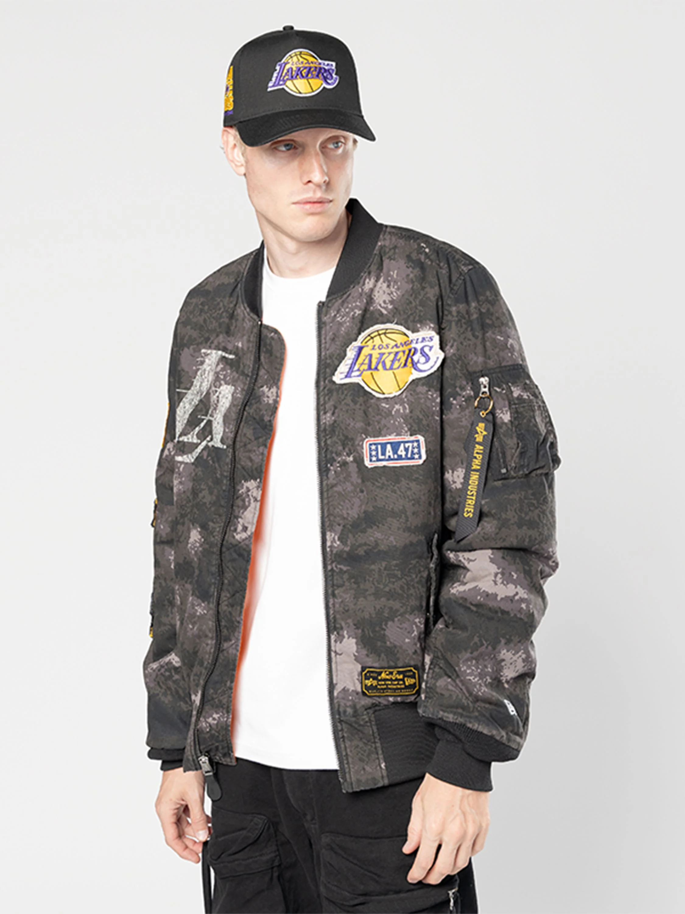 LOS ANGELES LAKERS X ALPHA X NEW ERA MA-1 BOMBER JACKET (BLACK CAMO) - Image 3