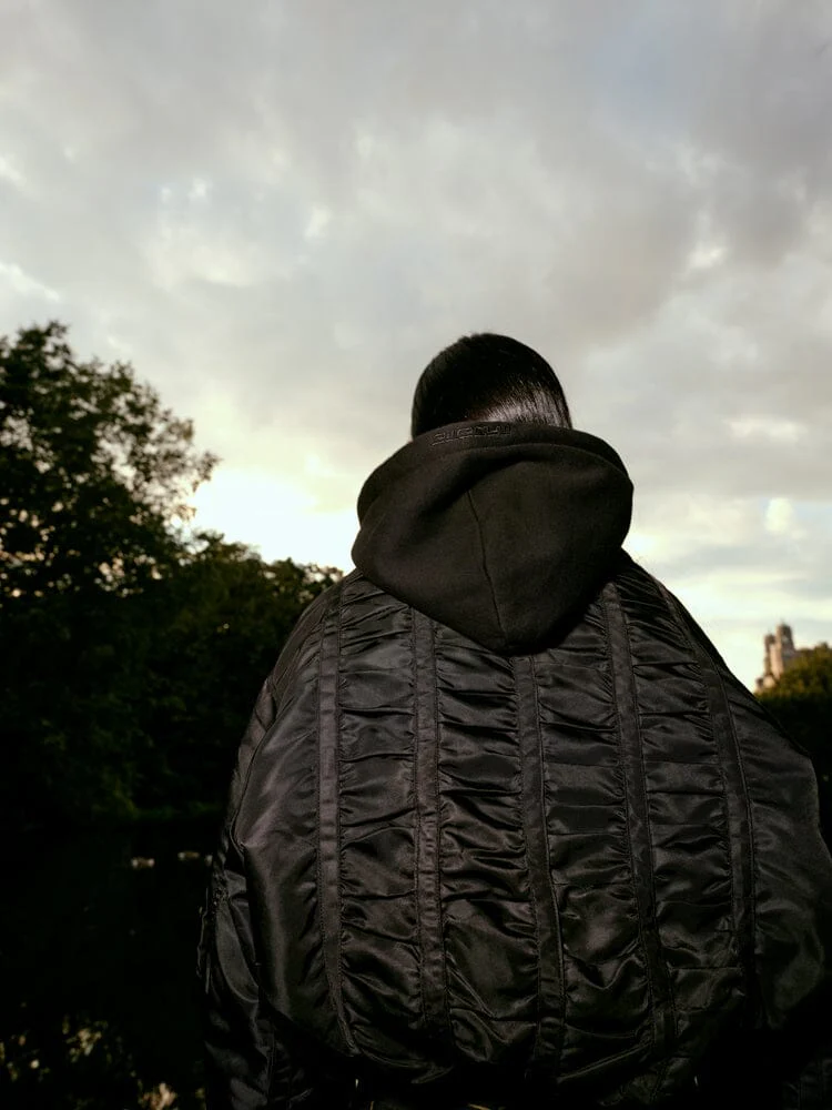 ALPHA X MADEME HOODED RUCHED MA-1 BOMBER JACKET - Image 11