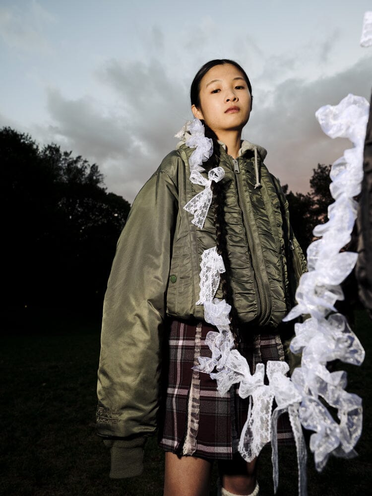 ALPHA X MADEME HOODED RUCHED MA-1 BOMBER JACKET - Image 2