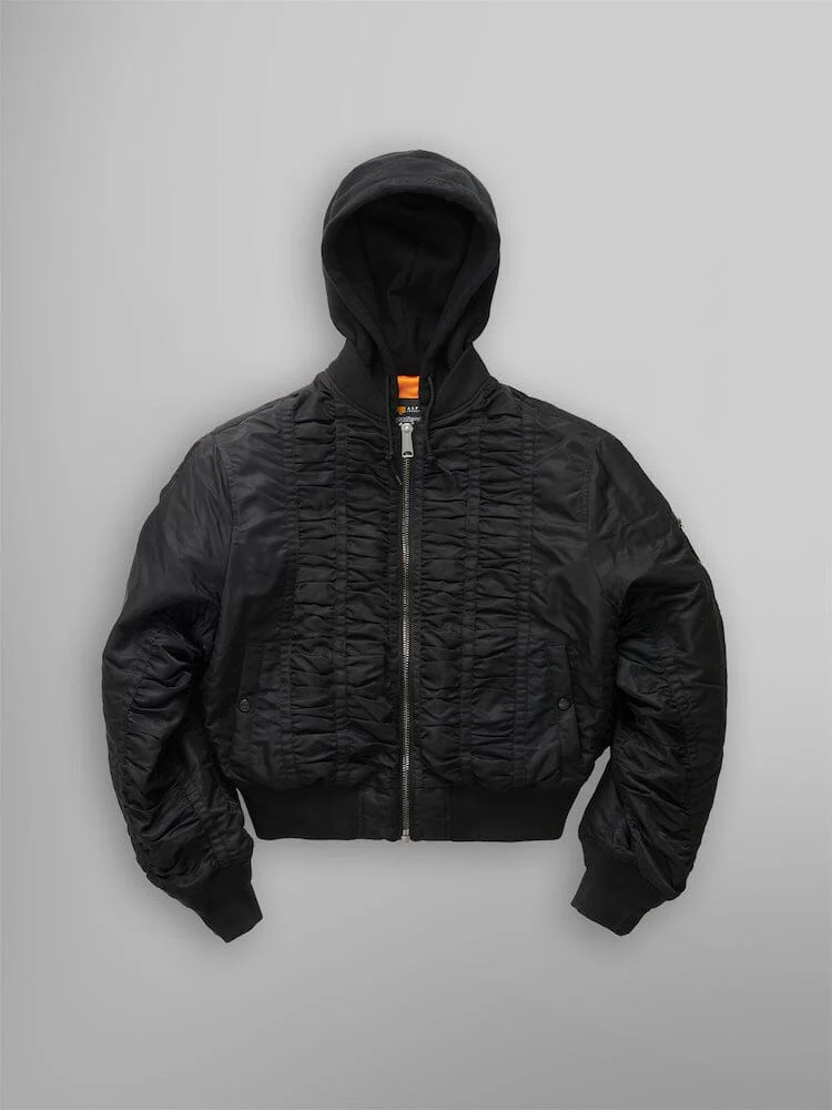 ALPHA X MADEME HOODED RUCHED MA-1 BOMBER JACKET - Image 7