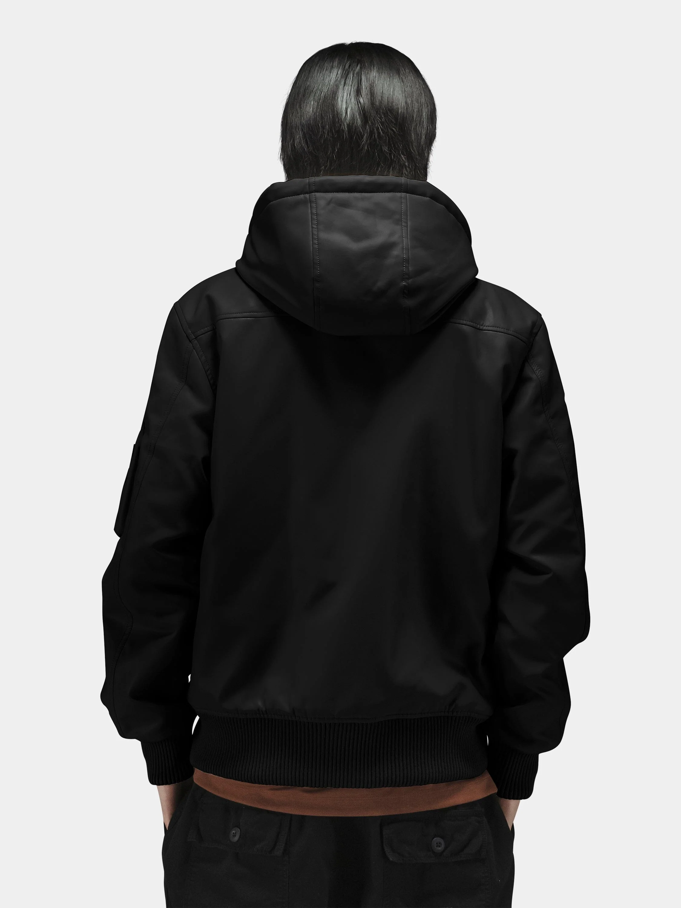 FAUX LEATHER HOODED RIB FLIGHT JACKET - Image 4
