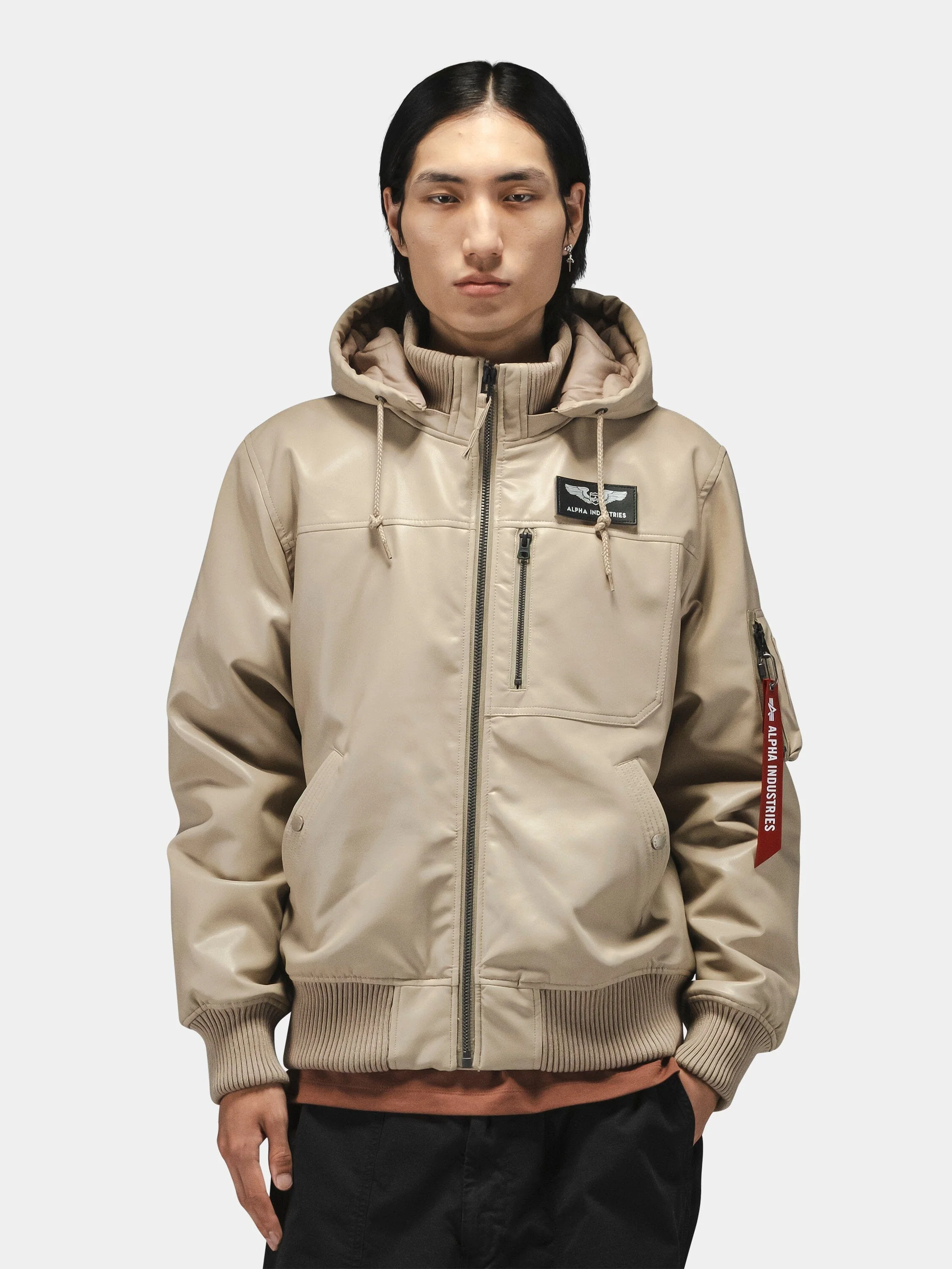 FAUX LEATHER HOODED RIB FLIGHT JACKET - Image 7
