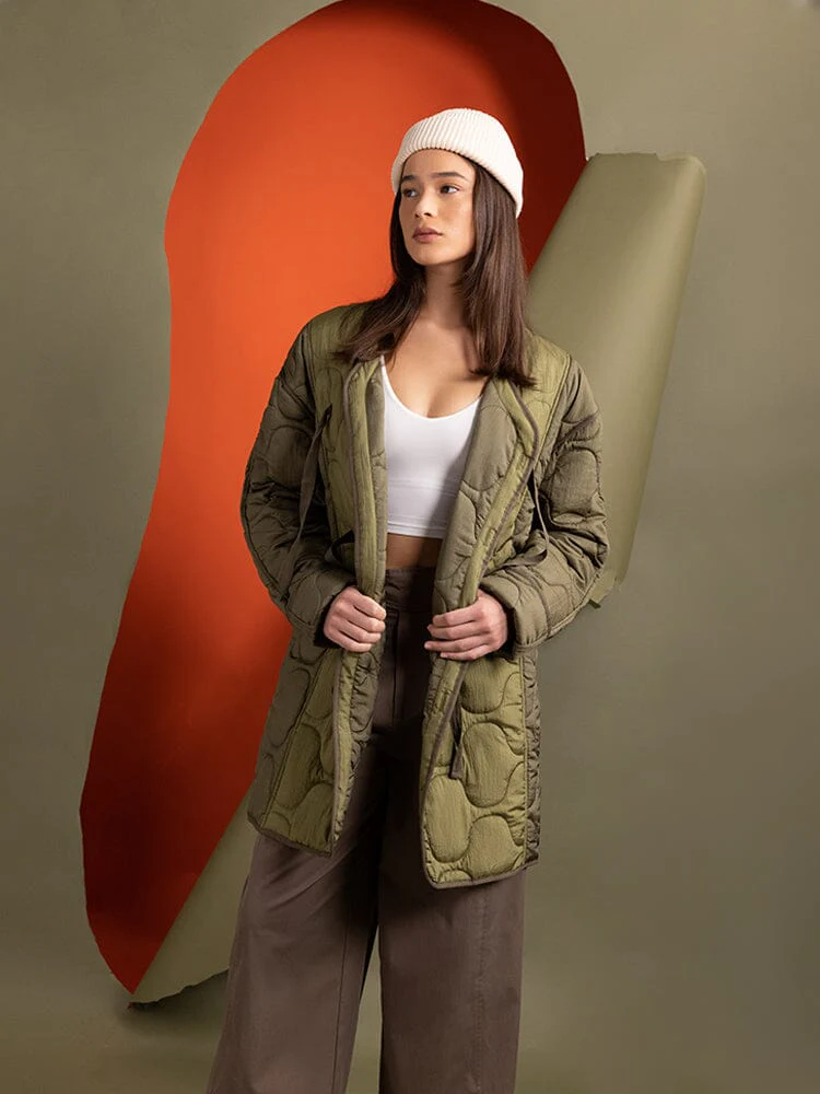 WOMEN'S MIXED MEDIA QUILTED LONG LINER (OG-107 GREEN) - Image 3