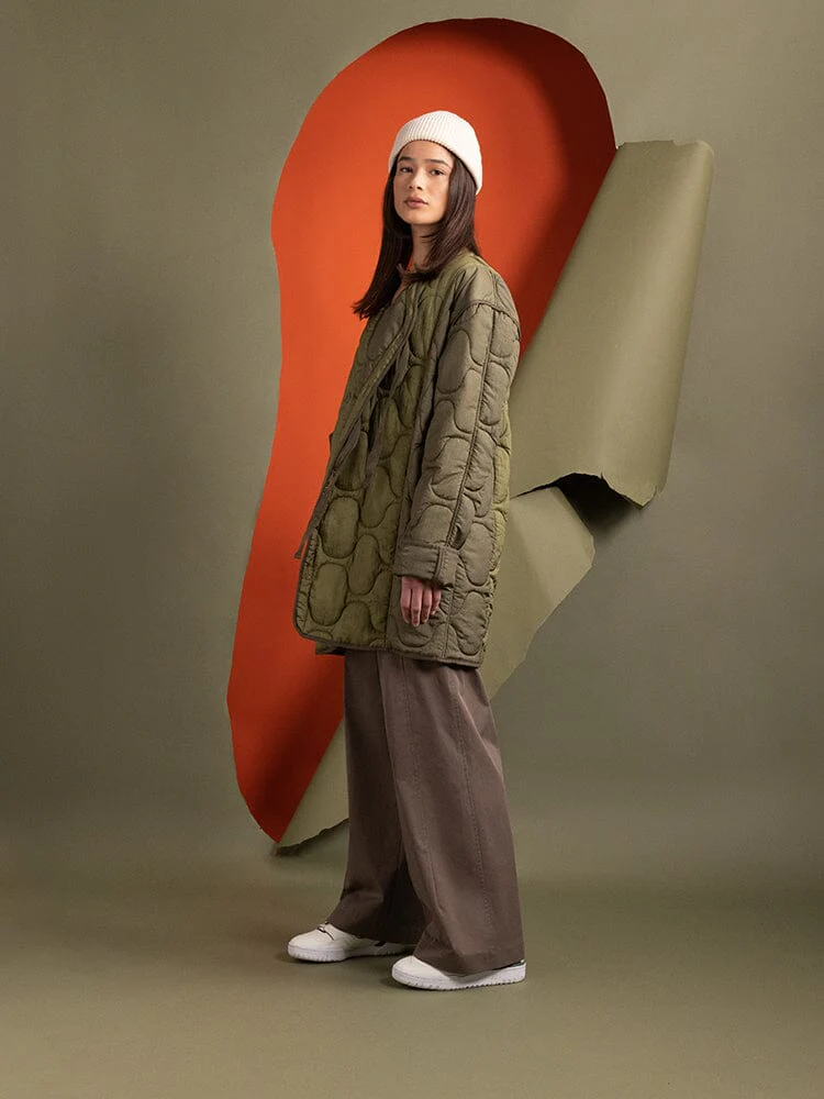 WOMEN'S MIXED MEDIA QUILTED LONG LINER (OG-107 GREEN) - Image 4