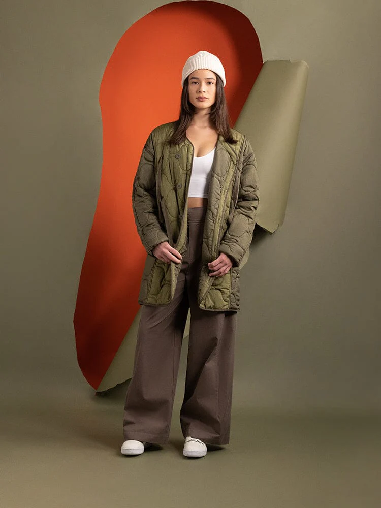 WOMEN'S MIXED MEDIA QUILTED LONG LINER (OG-107 GREEN) - Image 5